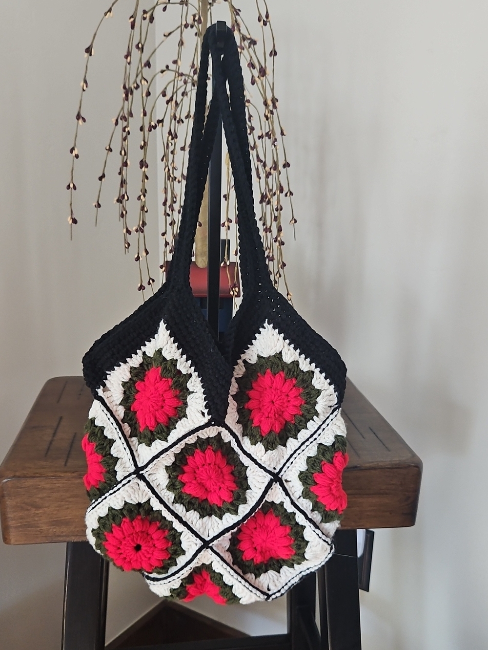 Handmade By Me Crochet Tote Bag in Black, White & Red Floral Squares